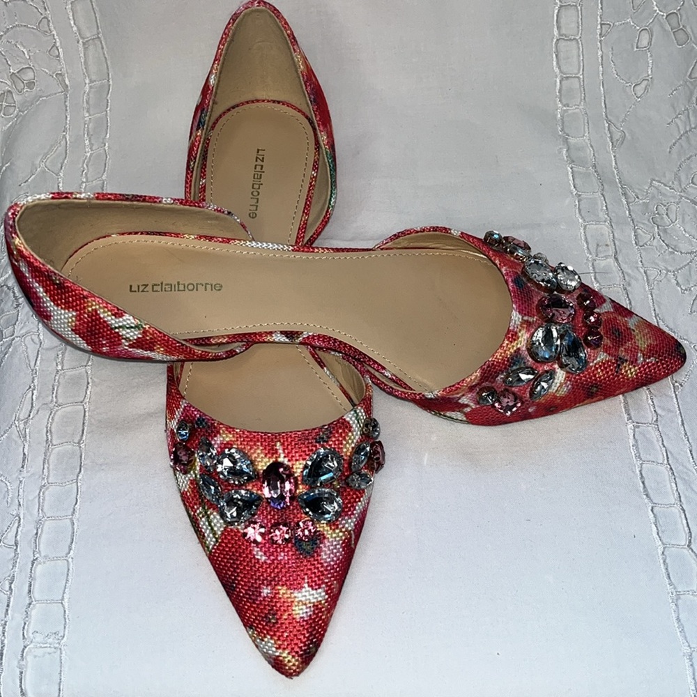 Liz Claiborne Teagan, jeweled, pink floral fabric flats.  Size 8 1/2